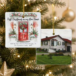 First Christmas New Home Address Photo Watercolor Ceramic Ornament