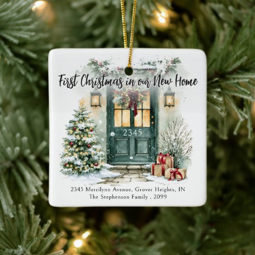 First Christmas New Home Address Watercolor Door Ceramic Ornament