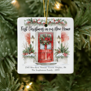 First Christmas New Home Address Watercolor Door Ceramic Ornament