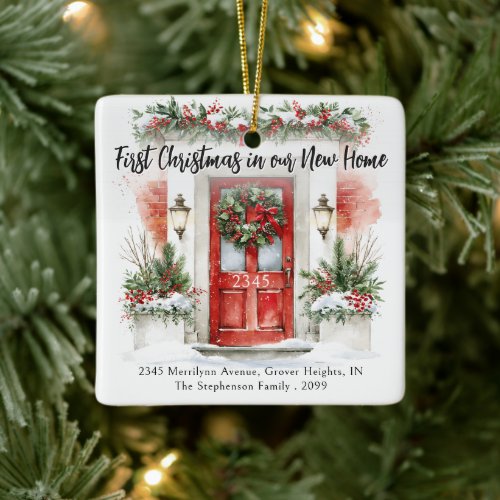 First Christmas New Home Address Watercolor Door Ceramic Ornament