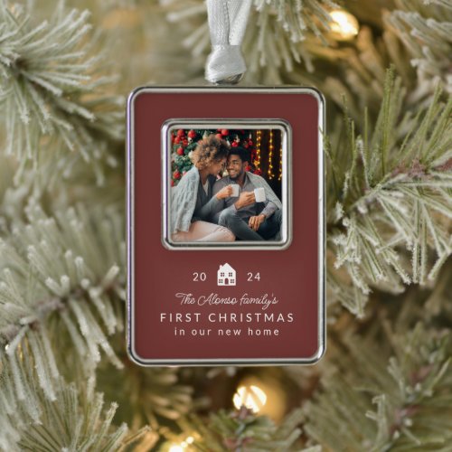 First Christmas new home classic maroon photo  Christmas Ornament