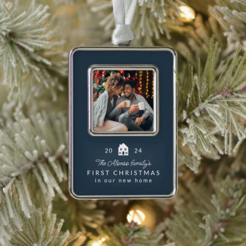 First Christmas new home classic navy blue photo  Christmas Ornament