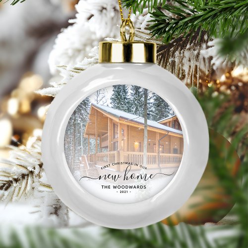 First Christmas New Home Custom Photo Black Script Ceramic Ball Christmas Ornament