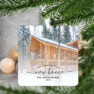 First Christmas New Home Custom Photo Black Script Metal Ornament