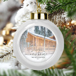 First Christmas New Home Custom Photo Gray Script Ceramic Ball Christmas Ornament<br><div class="desc">Commemorate your first Christmas in your new home with this beautiful modern keepsake ornament. The charcoal gray text reads "First Christmas in our new home, " with the words "new home" in elegant handwriting script with flourishes before and after. Replace the sample image with a photo of your new house...</div>