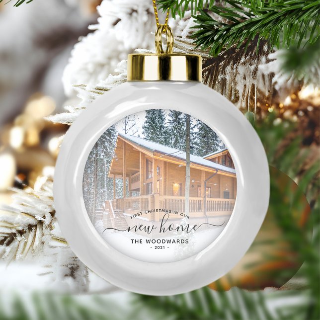 First Christmas New Home Custom Photo Gray Script Ceramic Ball Christmas Ornament (Creator Uploaded)