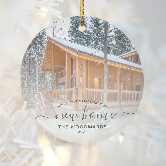 First Christmas New Home Custom Photo Green Script Ceramic Ornament (Creator Uploaded)