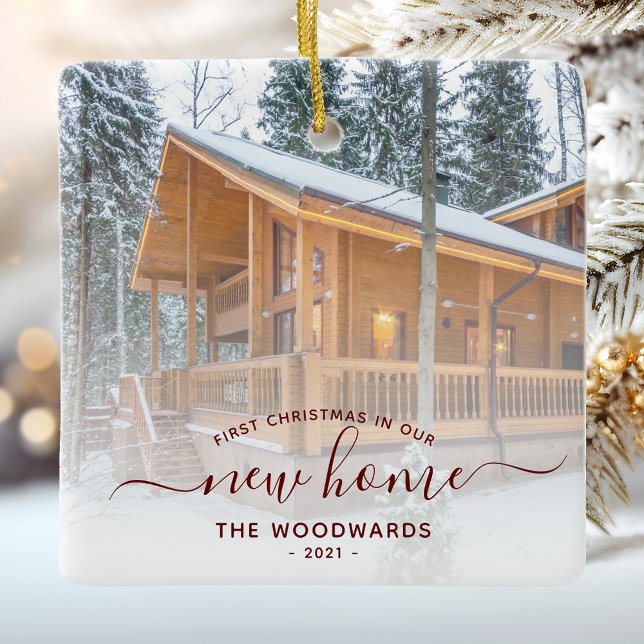 First Christmas New Home Custom Photo Red Script Ceramic Ornament (Creator Uploaded)