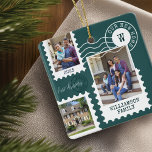 First Christmas New Home Fun Postage Stamp Photos Ceramic Ornament<br><div class="desc">Fun and memorable "First Christmas in Our New Home" keepsake ornament. Design features our fun postage stamps photo collage design. Collage with 3 photos to display your special photos of your family and new home. Customizable text with family signature, year, address, and monogram. This ornament would make a great gift...</div>