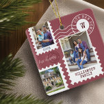 First Christmas New Home Fun Postage Stamp Photos Ceramic Ornament<br><div class="desc">Fun and memorable "First Christmas in Our New Home" keepsake ornament. Design features our fun postage stamps photo collage design. Collage with 3 photos to display your special photos of your family and new home. Customizable text with family signature, year, address, and monogram. This ornament would make a great gift...</div>