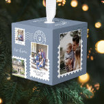 First Christmas New Home Fun Postage Stamp Photos  Cube Ornament<br><div class="desc">Fun and memorable "First Christmas in Our New Home" keepsake cube ornament. Design features our fun postage stamps photo collage design. Collage with 6 photos to display your special photos of your family and new home. Customizable text with family signature, year, location, and monogram. This ornament would make a great...</div>