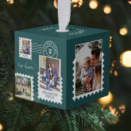 First Christmas New Home Fun Postage Stamp Photos  Cube Ornament
