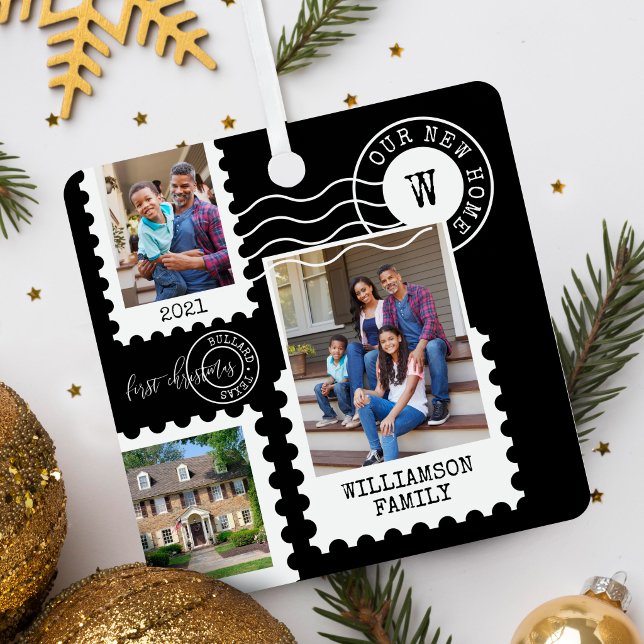 First Christmas New Home Fun Postage Stamp Photos  Metal Ornament