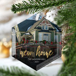 First Christmas New Home Gold Script Photo Glass Ornament<br><div class="desc">Commemorate your first Christmas in your new home with this beautiful modern keepsake ornament. The text reads "First Christmas in our new home, " with the words "new home" in elegant gold faux foil script. Replace the sample image with a photo of your new house and add your family's last...</div>