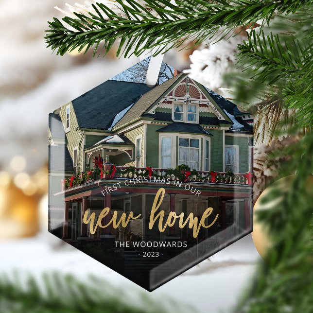 First Christmas New Home Gold Script Photo Glass Ornament (Creator Uploaded)