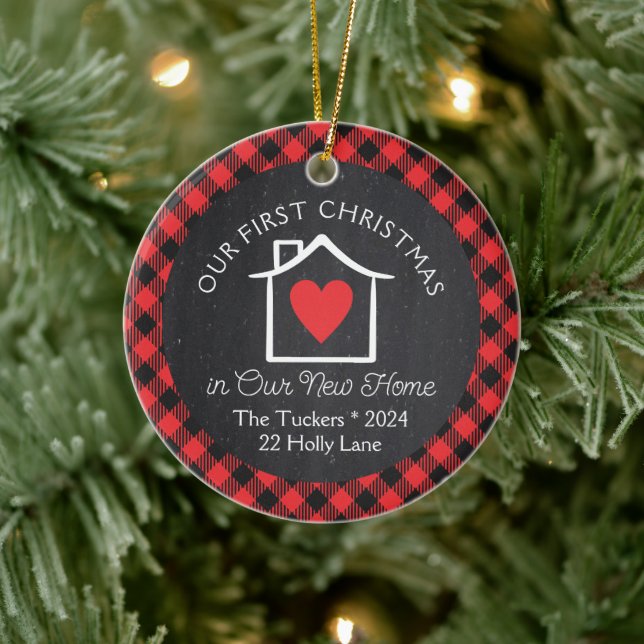 First Christmas New Home Heart Plaid Chalkboard Ceramic Ornament (Tree)
