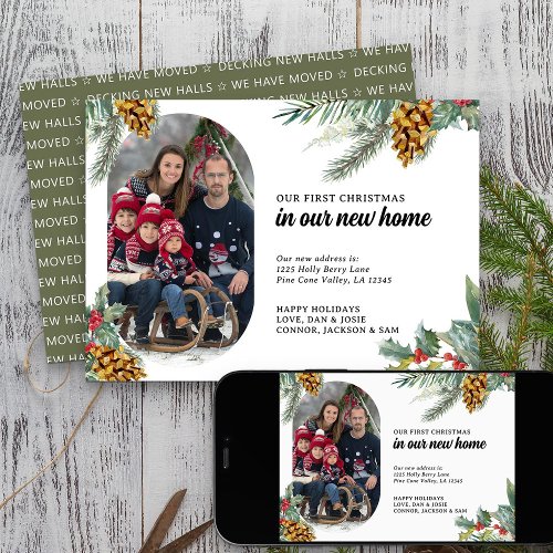 First Christmas New Home Lozenge Photo Holly Pine Holiday Card