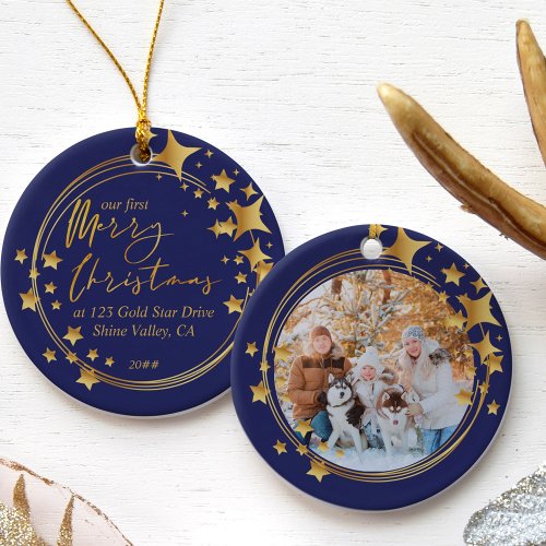 First Christmas New Home Photo Blue and Gold Star Ceramic Ornament