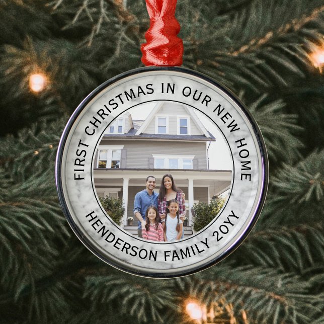 First Christmas New Home Photo Elegant Faux Marble Metal Ornament (Creator Uploaded)