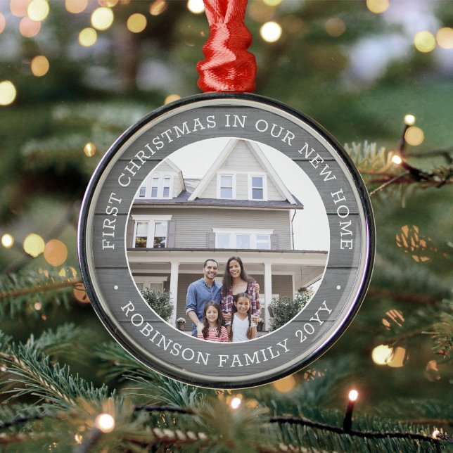 First Christmas New Home Photo Faux Gray Wood Metal Ornament (Creator Uploaded)