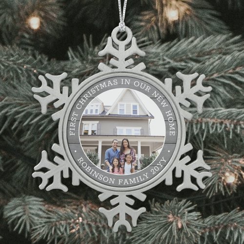 First Christmas New Home Photo Faux Gray Wood Snowflake Pewter Christmas Ornament