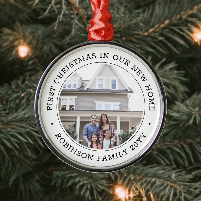 First Christmas New Home Photo Modern Black White Metal Ornament (Creator Uploaded)