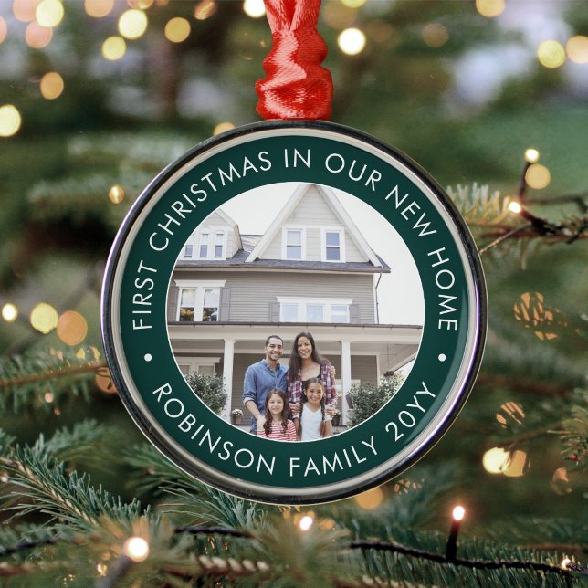 First Christmas New Home Photo Modern Green White Metal Ornament (Creator Uploaded)