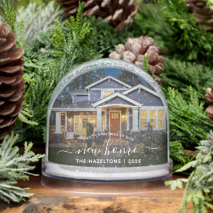 First Christmas New Home Photo White Script 2025 Snow Globe