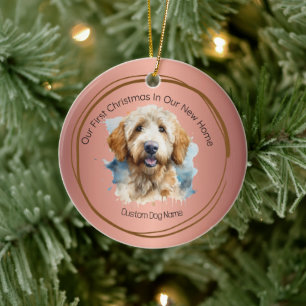 First Christmas New Home quote rose goldendoodle Ceramic Ornament