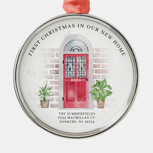 First Christmas New Home Red Door and Plants Metal Ornament