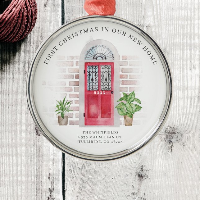 First Christmas New Home Red Door Chic Plants Boho Metal Ornament (First Christmas New Home Red Door Metal Ornament)