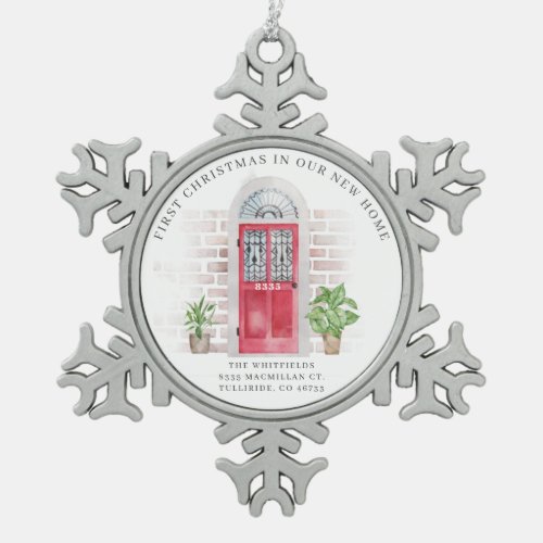 First Christmas New Home Red Door Potted Plants Snowflake Pewter Christmas Ornament