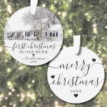 First Christmas New Home Script Photo Ornament<br><div class="desc">First Christmas New Home Script Calligraphy Photo Ornament. Celebrate the joy of your first holiday season in your new home with this beautifully crafted ornament, perfect for commemorating your "First Christmas In Our Home." The front showcases a space for a cherished photo of your new home, adorned with the phrase...</div>