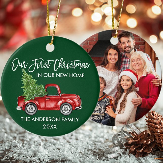 First Christmas New Home Truck Green PHOTO Ceramic Ornament (Customize with Name, Year and Photo.)