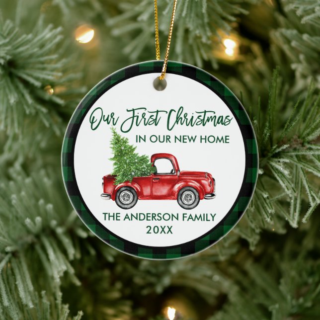 First Christmas New Home Truck Green Plaid Ceramic Ornament (Tree)