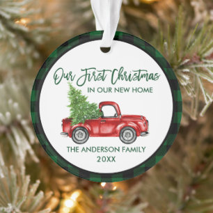 First Christmas New Home Truck Green Plaid Ornament