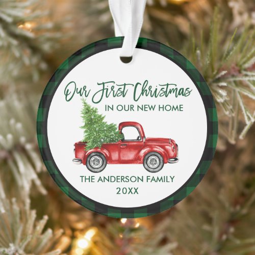 First Christmas New Home Truck Green Plaid Ornament