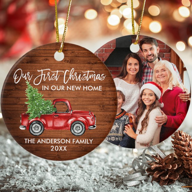 First Christmas New Home Truck Wood PHOTO Ceramic Ornament (Customize with Name, Year and Photo.)