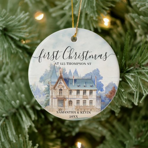 First Christmas New Home Vintage Watercolor Home Ceramic Ornament