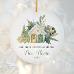 First Christmas New Home Watercolor House Green Ceramic Ornament<br><div class="desc">Celebrate your first Christmas in your new home with this cute keepsake ornament, featuring a watercolor painting of a cozy yellow and green cottage surrounded by winter foliage and berries. The text reads "Our First Christmas in Our New Home, " with the words "New Home" in green calligraphy and the...</div>