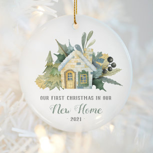 First Christmas New Home Watercolor House Green Ceramic Ornament