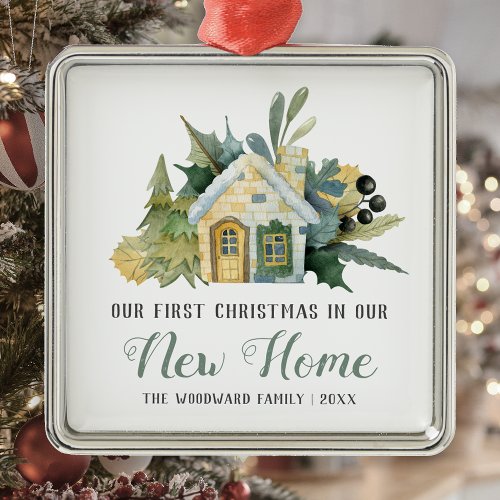 First Christmas New Home Watercolor House Green Metal Ornament