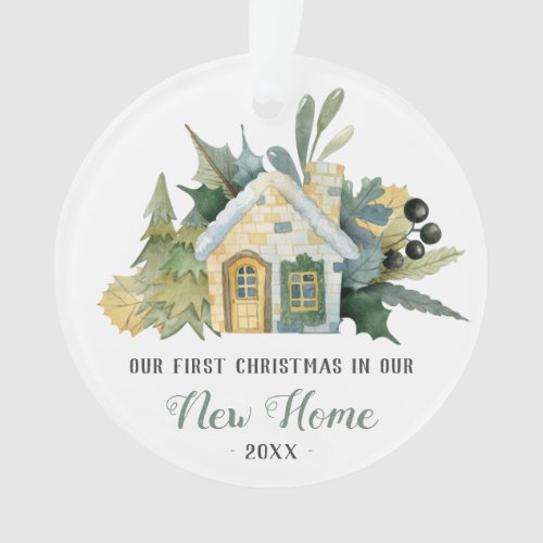 First Christmas New Home Watercolor House Green Ornament