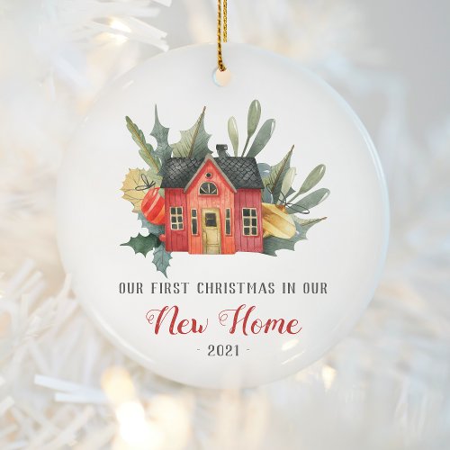 First Christmas New Home Watercolor House Red Ceramic Ornament