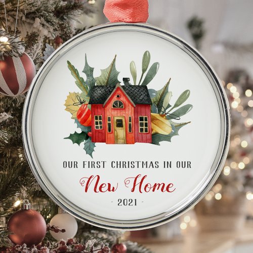 First Christmas New Home Watercolor House Red Metal Ornament