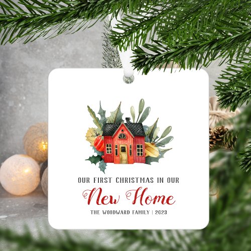 First Christmas New Home Watercolor House Red Metal Ornament