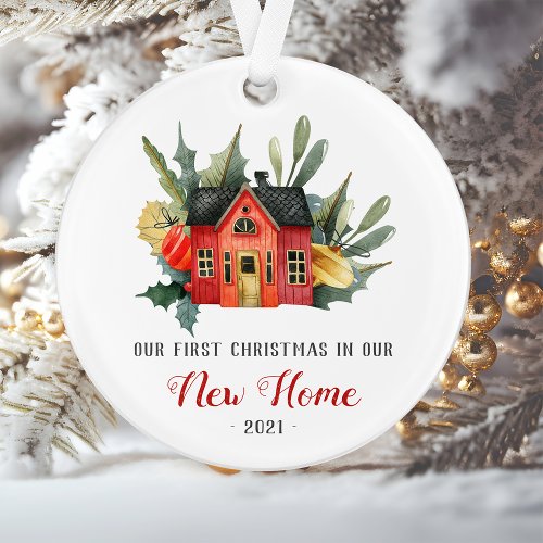 First Christmas New Home Watercolor House Red Ornament
