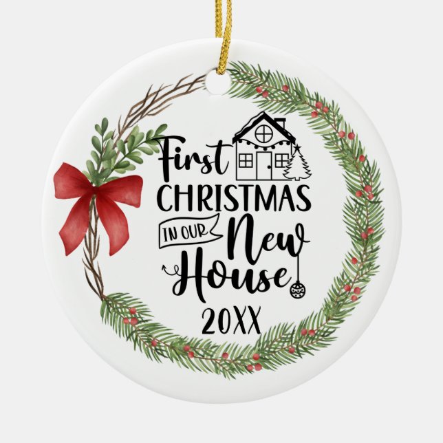 First Christmas New House Watercolor Wreath Ceramic Ornament (Front)
