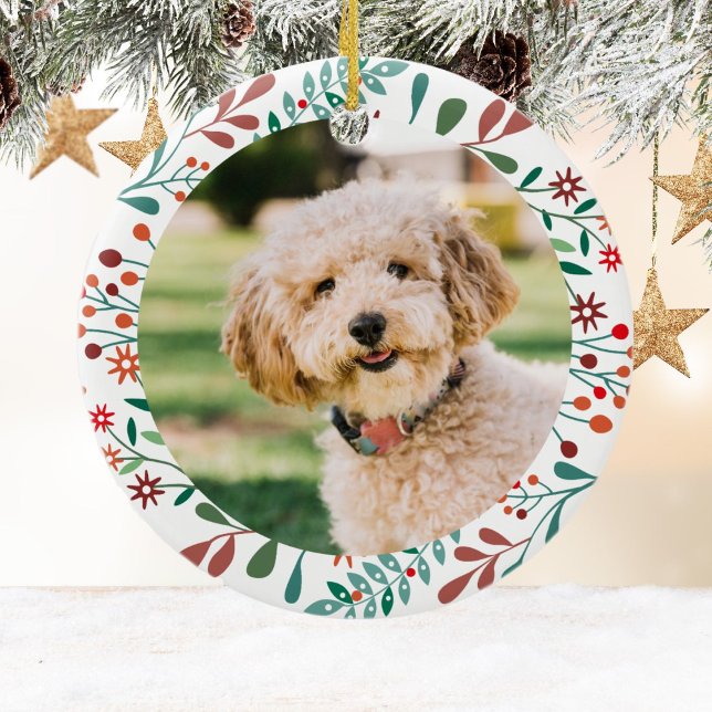 First Christmas New Pet Dog Cat Photo Floral Ceramic Ornament (Creator Uploaded)
