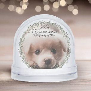 First Christmas new puppy photo family of three Snow Globe